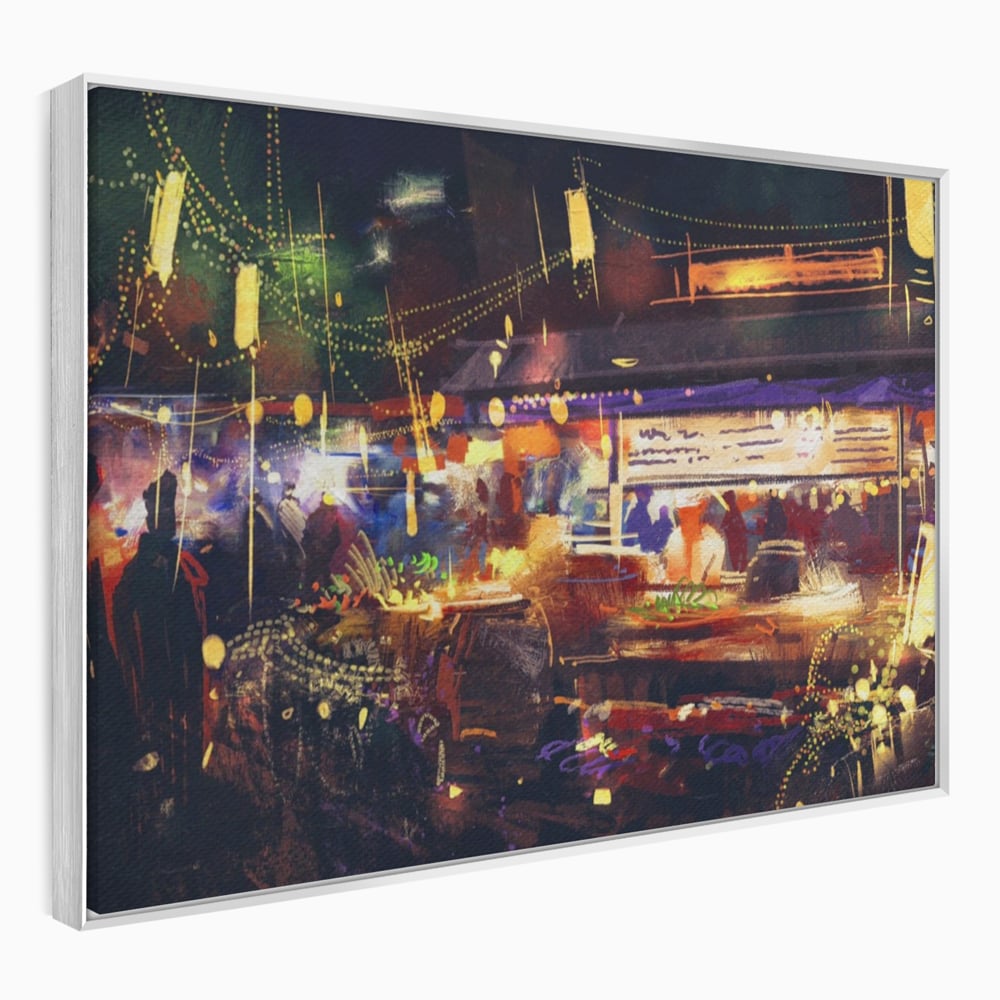 Tablou canvas cu pictura stradala piata nocturna, in rama de aluminiu argintiu